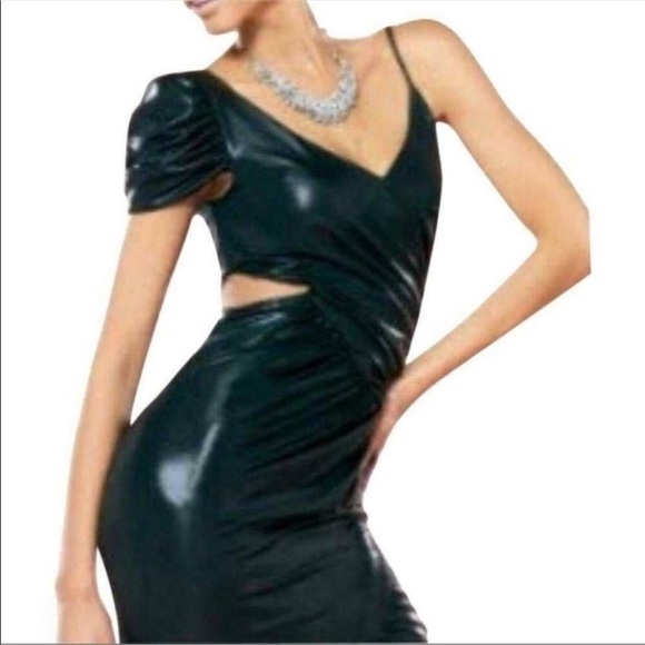 Bebe x Kardashians Black Shiny Metallic Ruched Mini Dress Size M Party Cocktail - Picture 6 of 14